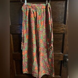 Midnight Sky Size XS Green-Orange-Fuchsia Wide Leg Pants Linen Blend Tie Belt